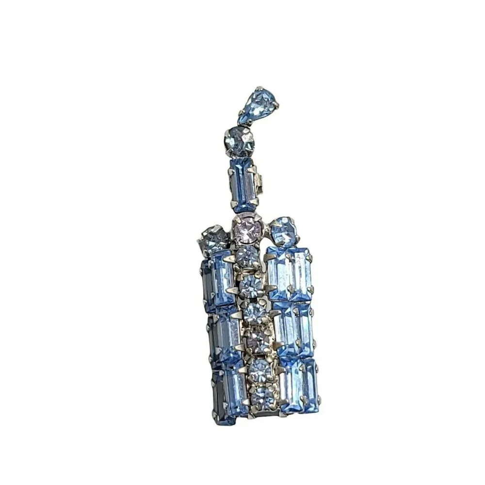 Blue Glass Rhinestone Large Silver Tone Wine Bottle Glass Vintage Brooch